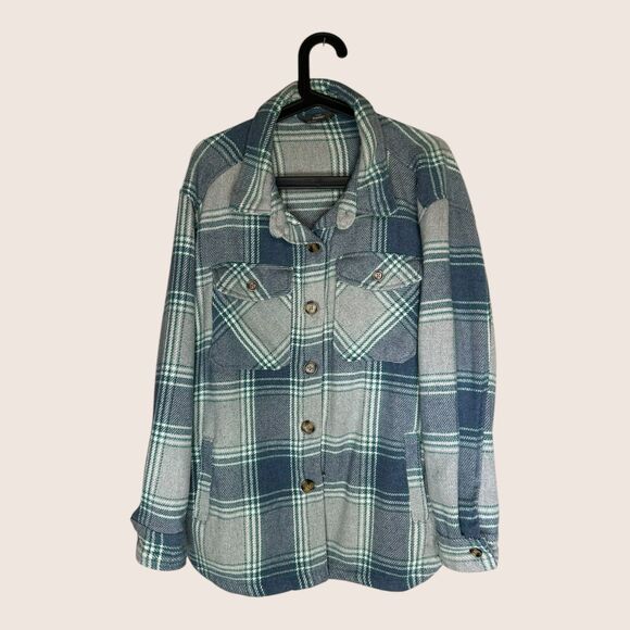 💙 MEMBER'S MARK PLAID FLANNEL SHACKET POCKETS BUTTON UP CREAM BLUE TEAL LARGE - Picture 1 of 5